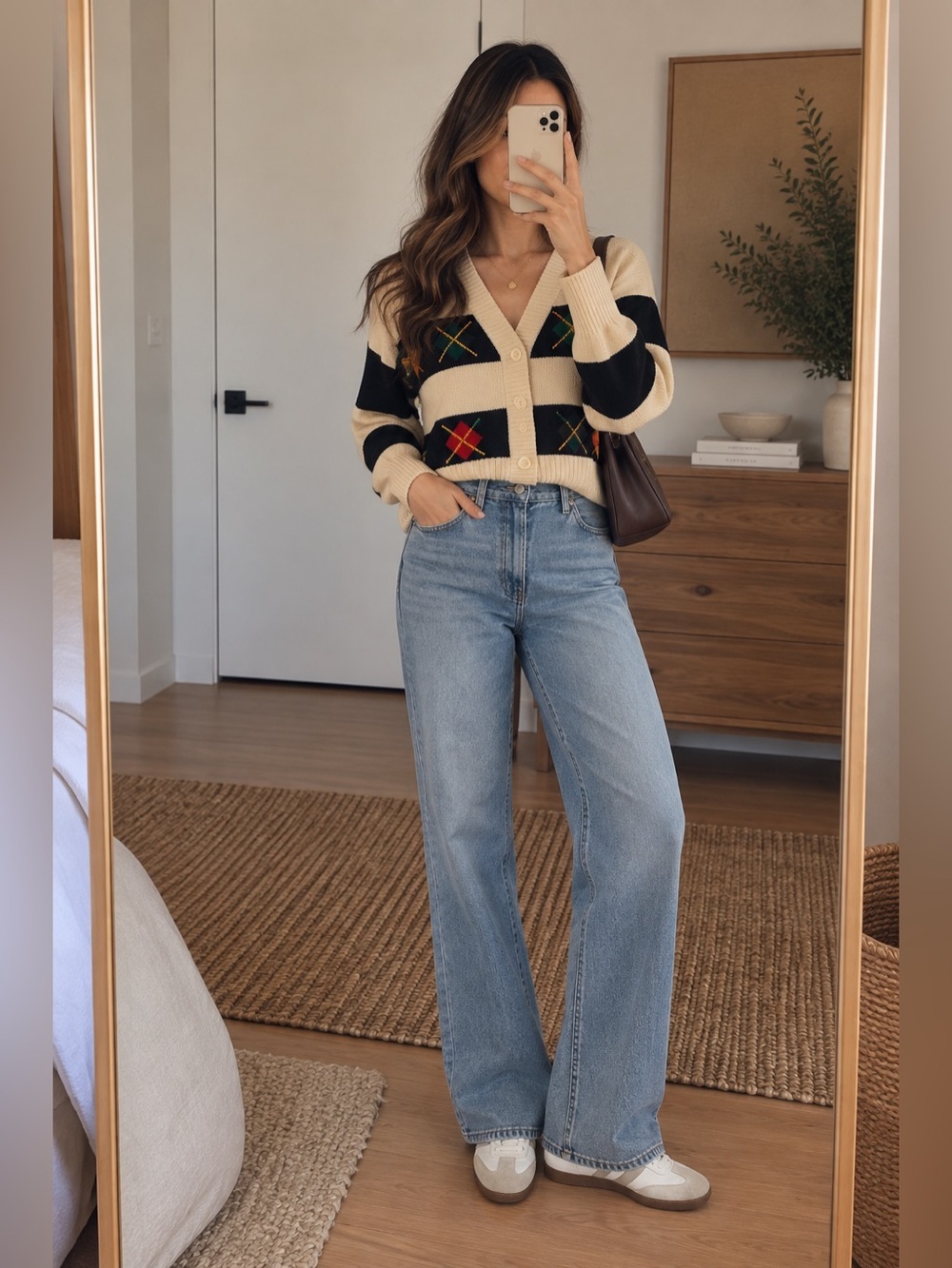 Vintage Cropped Knit Argyl Cardigan